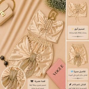 طقم ساتان نسائي فاخر – توب + تنورة بربطة عصرية